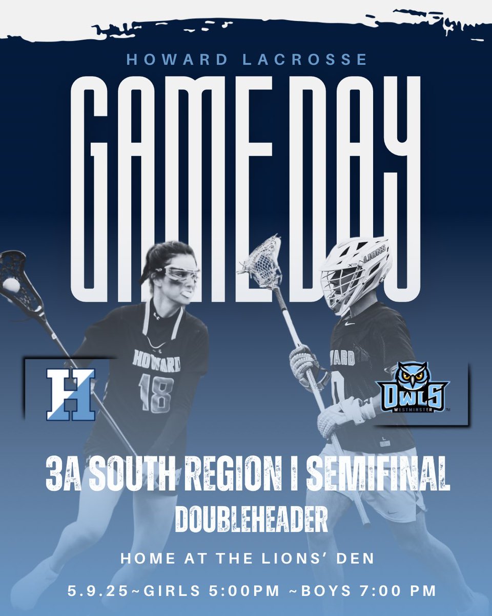 Howard Lacrosse (@howard_lacrosse) on Twitter photo ππππππ
π
ππππππππππππ ππ πππ πππππβ πππβ¦
Come support the Howard Boys & Lacrosse teams as they compete in the 3A South Region I Semifinal!
π Westminster
ποΈ The Lionsβ Den
β° Girls 5:00 PM Boys 7:00 PM
ποΈ Go Fan
#PTR ππππππ
π
ππππππππππππ ππ πππ πππππβ πππβ¦
Come support the Howard Boys & Lacrosse teams as they compete in the 3A South Region I Semifinal!
π Westminster
ποΈ The Lionsβ Den
β° Girls 5:00 PM Boys 7:00 PM
ποΈ Go Fan
#PTR