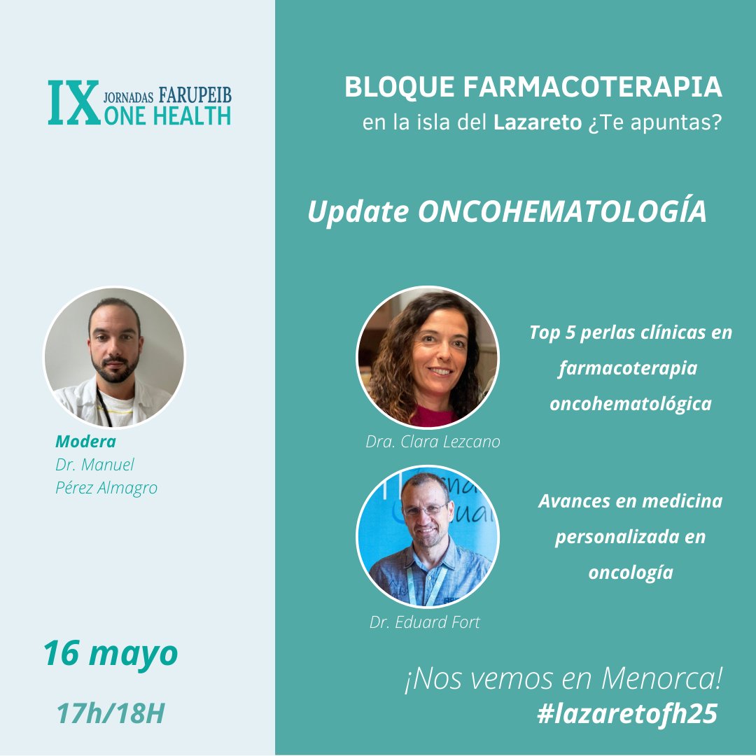 FARUPEIB (@farupeib) on Twitter photo 🚀El bloque de UPDATE en Farmacoterapia del 16 de mayo seguirá con la mesa de #oncohematología
📣 Modera <a href="/ManuFPerez/">Manuel Fran Pérez</a>
🎙️ Ponencias de <a href="/ClaraLezcano4/">Clara Lezcano</a> y <a href="/FortEduard/">Eduard Fort</a>
➡️+ info f.mtr.cool/nycqmfmvne
#lazaretofh25 🚀El bloque de UPDATE en Farmacoterapia del 16 de mayo seguirá con la mesa de #oncohematología
📣 Modera <a href="/ManuFPerez/">Manuel Fran Pérez</a>
🎙️ Ponencias de <a href="/ClaraLezcano4/">Clara Lezcano</a> y <a href="/FortEduard/">Eduard Fort</a>
➡️+ info f.mtr.cool/nycqmfmvne
#lazaretofh25
