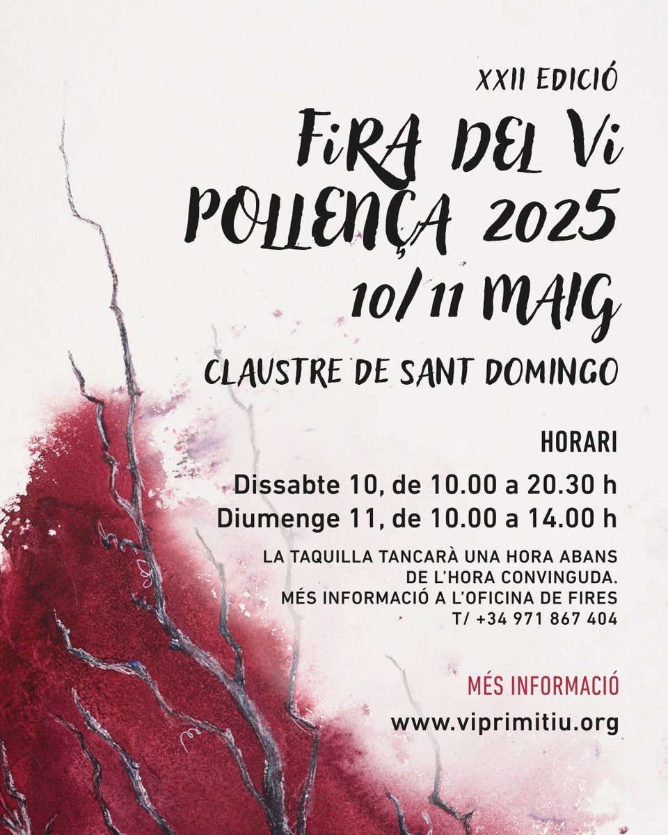 Avui comencen les activitats paral·leles de la #FiradelViPollença2025, que se celebra demà i el diumenge. Participen 37 cellers mallorquins i 23 de la D.O. Montsant. En total es podran catar al voltant de 250 vins. Consulta el programa d'aquests dies artsmallorca.com/ca/esdevenimen…
