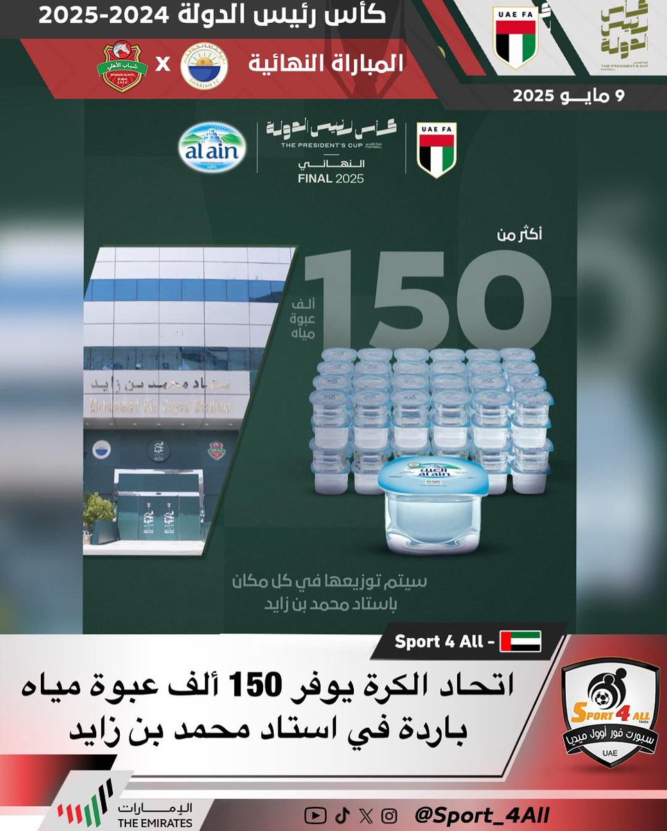 اتحاد الكرة يوفر 150 ألف عبوة مياه باردة في استاد محمد بن زايد 

#كأس_رئيس_الدولة 🏆
#الشارقة_شباب_الأهلي