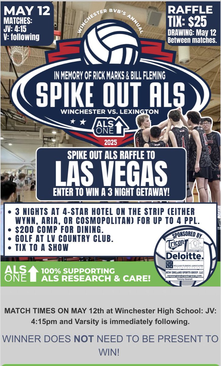 John Fleming (@coachfleming1) on Twitter photo 8th Annual Spike Out ALS match on Monday vs <a href="/LexMinutemenAth/">Lexington Athletics</a> Thanks to <a href="/beatals44/">beat_als</a> for this Las Vegas package to support <a href="/alsone_official/">ALS ONE</a> Use the link below to buy raffle tix. Flight not included. <a href="/Winch_Athletics/">Winchester Athletics</a> <a href="/MassBHSVB/">Mass Boys HS VBall</a> <a href="/GlobeSchools/">Boston Globe Schools</a> <a href="/BostonHeraldHS/">Danny Ventura</a> 8th Annual Spike Out ALS match on Monday vs <a href="/LexMinutemenAth/">Lexington Athletics</a> Thanks to <a href="/beatals44/">beat_als</a> for this Las Vegas package to support <a href="/alsone_official/">ALS ONE</a> Use the link below to buy raffle tix. Flight not included. <a href="/Winch_Athletics/">Winchester Athletics</a> <a href="/MassBHSVB/">Mass Boys HS VBall</a> <a href="/GlobeSchools/">Boston Globe Schools</a> <a href="/BostonHeraldHS/">Danny Ventura</a>