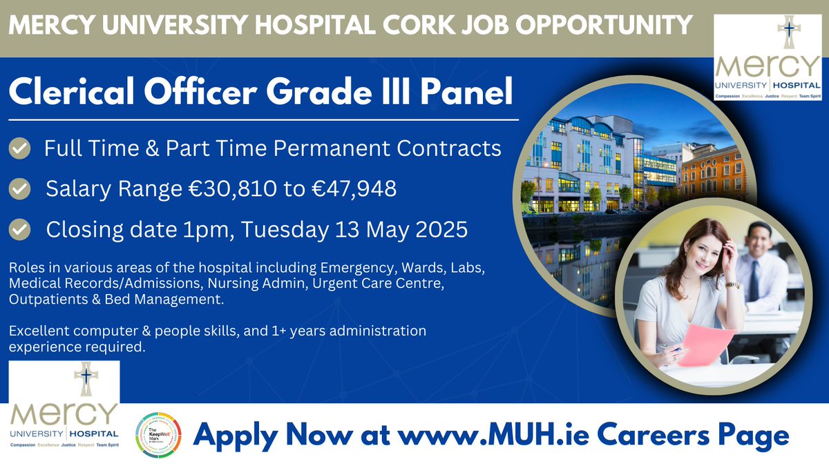 Deirdre O'Riordan (@deeoriordan8) on Twitter photo ⭐𝐆𝐫𝐞𝐚𝐭 𝐎𝐩𝐩𝐨𝐫𝐭𝐮𝐧𝐢𝐭𝐲 𝐭𝐨 𝐣𝐨𝐢𝐧 𝐭𝐡𝐞 𝐚𝐝𝐦𝐢𝐧/𝐜𝐥𝐞𝐫𝐢𝐜𝐚𝐥 𝐭𝐞𝐚𝐦 𝐚𝐭 <a href="/Mercycork/">Mercy University Hospital Cork</a> !
Recruiting for Perm, Full/Part time #ClericalOfficer #Grade3 Panel
Closing Date 1pm Tues 13 May 2025
Apply Now: api.occupop.com/shared/job/cle…
#PublicJobs #HSEJobs ⭐𝐆𝐫𝐞𝐚𝐭 𝐎𝐩𝐩𝐨𝐫𝐭𝐮𝐧𝐢𝐭𝐲 𝐭𝐨 𝐣𝐨𝐢𝐧 𝐭𝐡𝐞 𝐚𝐝𝐦𝐢𝐧/𝐜𝐥𝐞𝐫𝐢𝐜𝐚𝐥 𝐭𝐞𝐚𝐦 𝐚𝐭 <a href="/Mercycork/">Mercy University Hospital Cork</a> !
Recruiting for Perm, Full/Part time #ClericalOfficer #Grade3 Panel
Closing Date 1pm Tues 13 May 2025
Apply Now: api.occupop.com/shared/job/cle…
#PublicJobs #HSEJobs