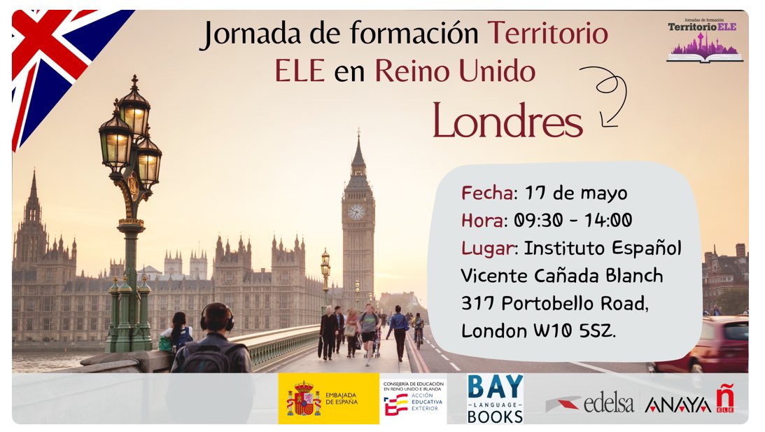 Consejería de Educación Reino Unido e Irlanda (@consejeriauk) on Twitter photo ¡Últimos días, no te pierdas esta oportunidad de formación gratuita!
🗓️ Sábado 17/05
📍<a href="/Canada_Blanch/">Instituto Español Vicente Cañada Blanch</a> en Londres
👉🏼 Más info: edelsa.es/territorioele/… #MFLtwiteratti #langchat ¡Últimos días, no te pierdas esta oportunidad de formación gratuita!
🗓️ Sábado 17/05
📍<a href="/Canada_Blanch/">Instituto Español Vicente Cañada Blanch</a> en Londres
👉🏼 Más info: edelsa.es/territorioele/… #MFLtwiteratti #langchat
