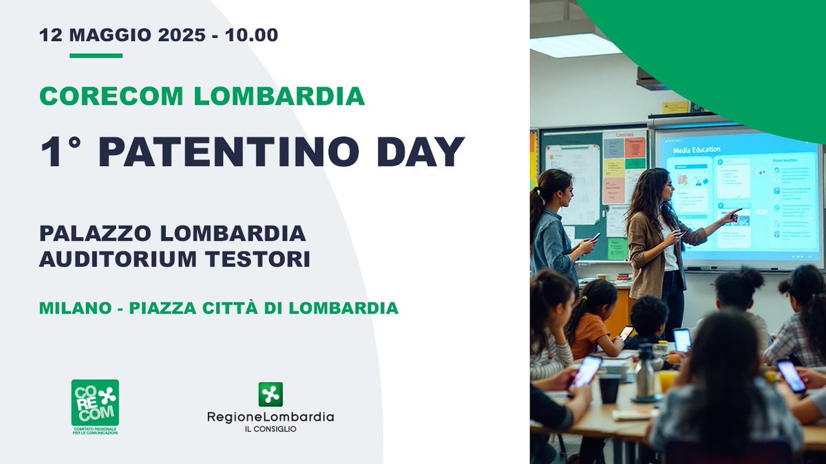 📱Media Education  

📌Lunedì 12 maggio il primo “Patentino Day” presso l’Auditorium Testori di Palazzo Lombardia. L’iniziativa, a cura del Corecom Lombardia, è dedicata all’uso consapevole del web e dei social da parte dei giovani.

corecomlombardia.it/wps/portal/sit…