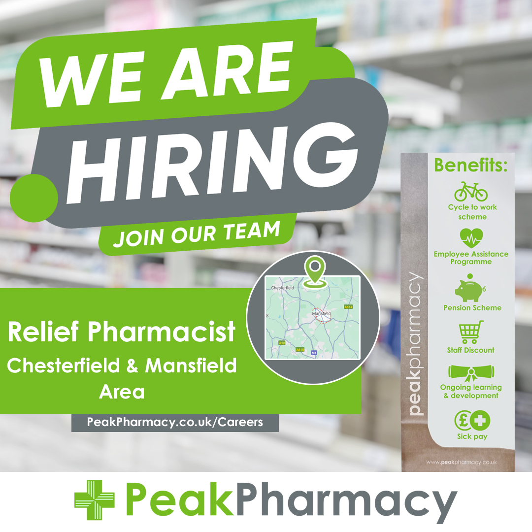 🚨 JOB OPENING 🚨 

We are recruiting for a full or part time Relief Pharmacist for the #Chesterfield and #Mansfield Area. 

➡ peakpharmacy.current-vacancies.com/Jobs/Advert/32…

#Pharmacy #JobAlert #Hiring