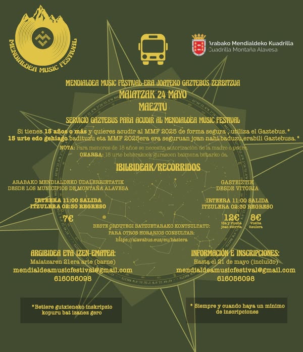 Mendialdea Music Festival-era joateko gaztebus zerbitzua 
 Servicio Gaztebus para acudir al Mendialdea Music Festival #arabakomendialdea
arabakomendialdea.eus/eu/