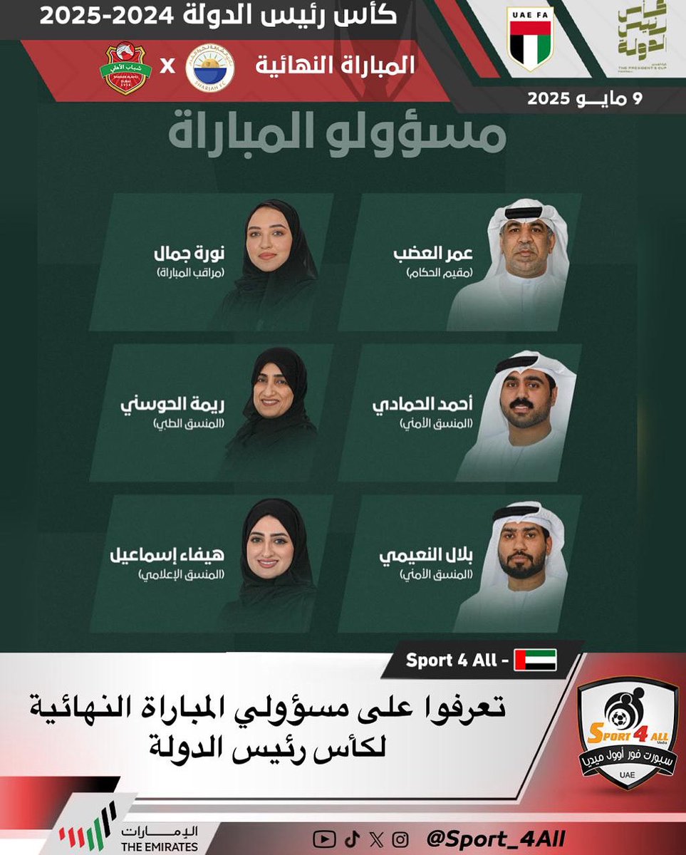 تعرفوا على مسؤولي المباراة النهائية لكأس رئيس الدولة 

#كأس_رئيس_الدولة 🏆
#الشارقة_شباب_الأهلي