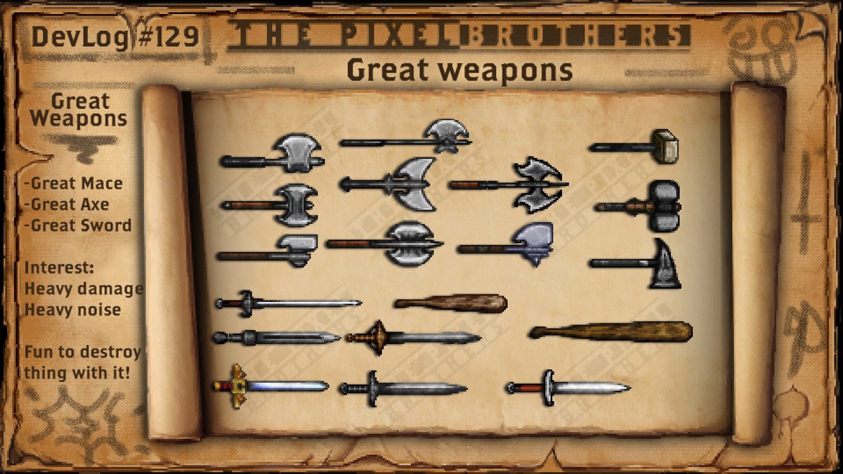 Devlog #129
Great fun!
If you don’t like to play delicately, here come the Great Weapons.
One of them is a nod to a major franchise… Can you spot it?

#thepxelbrothers #pixel #pixelart #videogame #rogue #indie #indiegame #indiegamedev #roguelike #dungeoncrawler #rogueknight