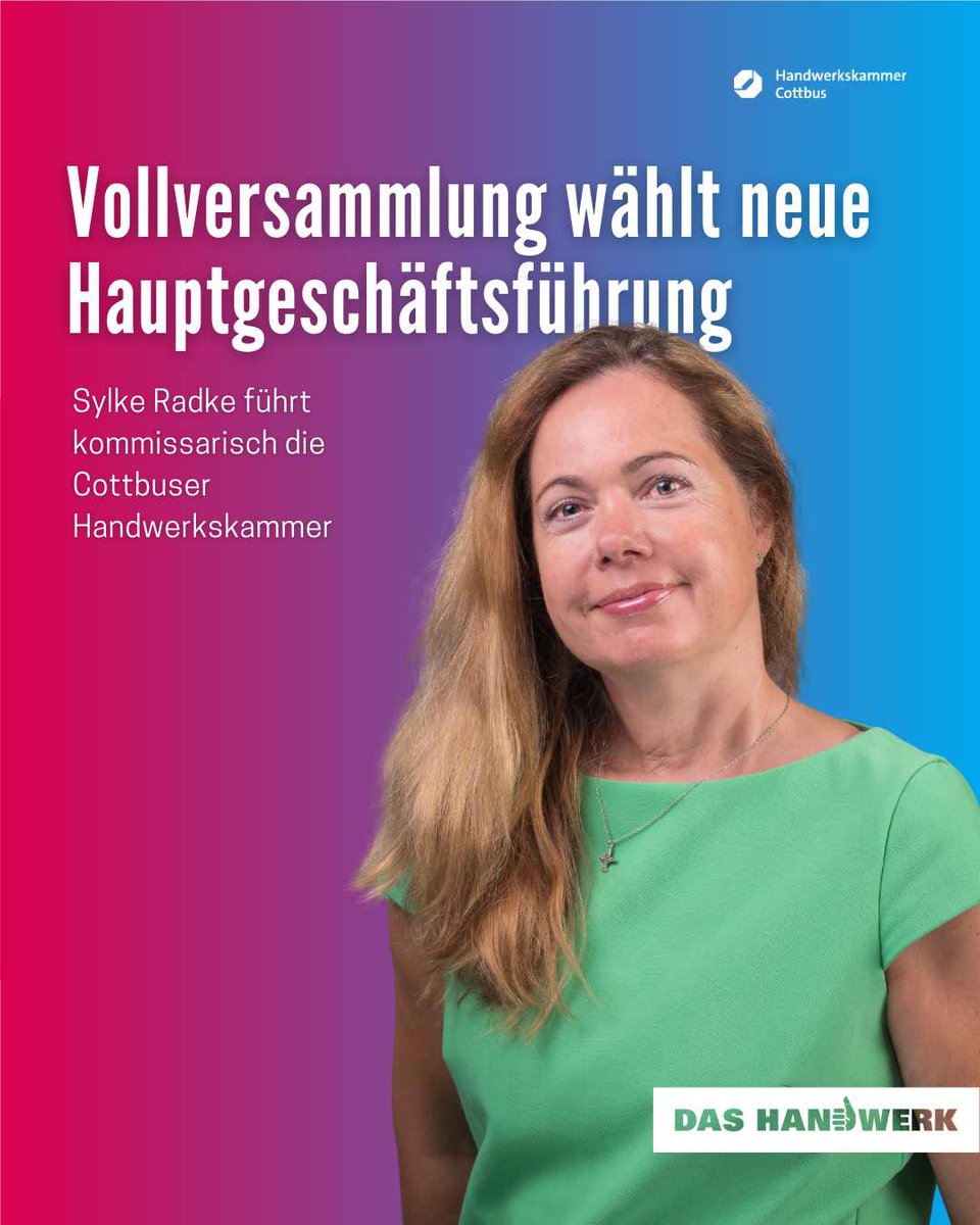 Die Vollversammlung hat am 8. Mai Sylke Radke kommissarisch zu unserer Hauptgeschäftsführerin ernannt. Die Entscheidung  wurde notwendig, da die Vollversammlung die bisherige Hauptgeschäftsführerin M. Bonin und den Geschäftsführer O. Huschga abberufen hat.
hwk-cottbus.de/aktuell