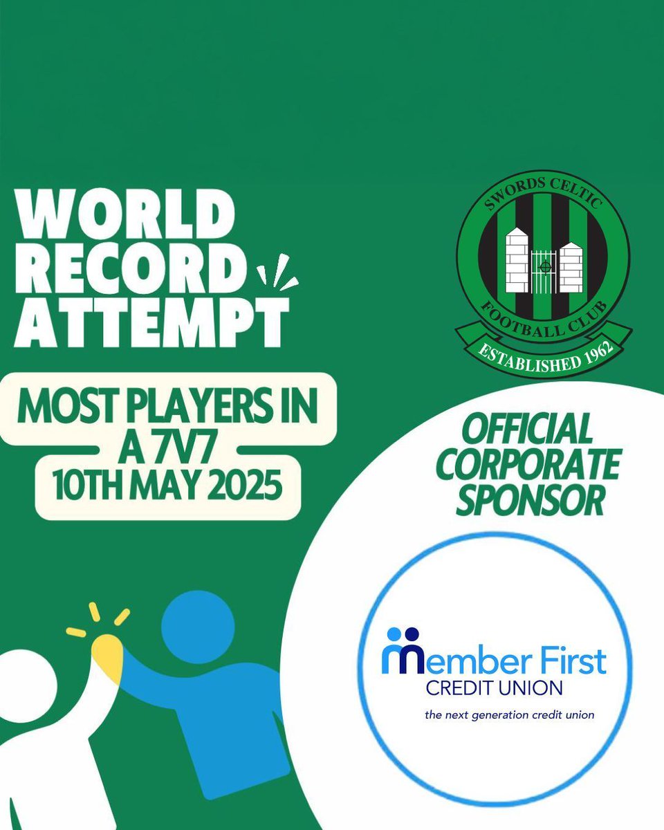 We're proud to be an official corporate sponsor of <a href="/SwordsCeltic_FC/">Swords Celtic</a> , attempting to break the World Record for the most players to participate in a 7-a-side soccer exhibition match. ⚽️💚

(1/2)