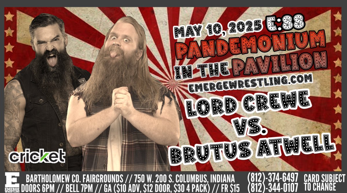 .<a href="/LordCreweKills/">無慈悲 Lord Crewe</a> vs <a href="/BrutusAtwell/">Brutus Atwell 🐊</a> - THIS SATURDAY - Doors 6p | Bell 7p - Columbus, IN

Tickets - emergewrestling.square.site