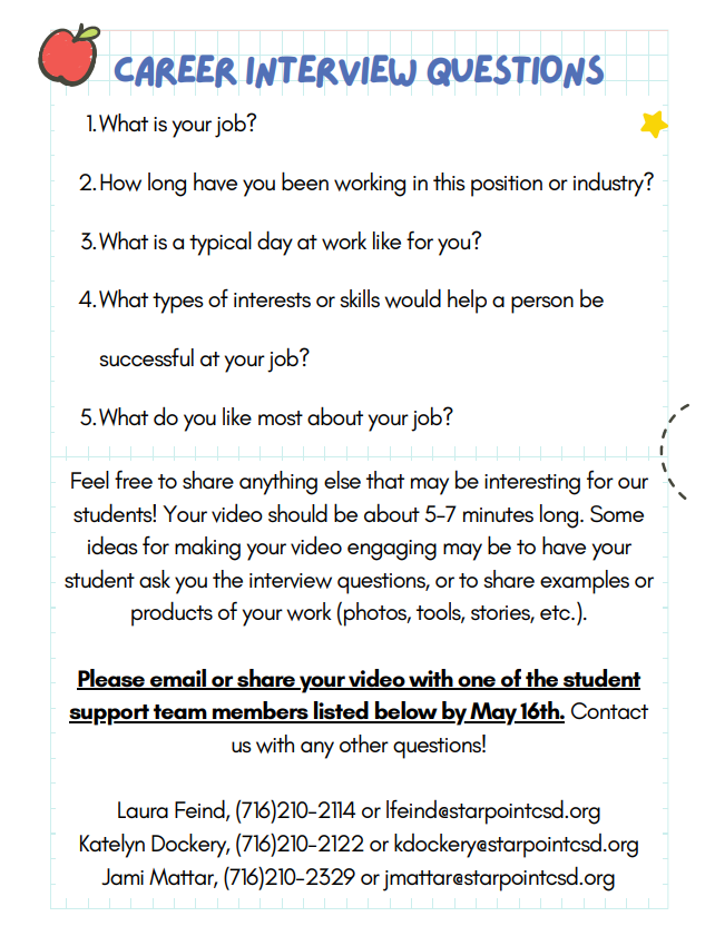 We are seeking volunteers  to share about their jobs for our Career Day on May 21st! Consider sending in a video of yourself describing your job so share with our students. Videos are due by May 16th.