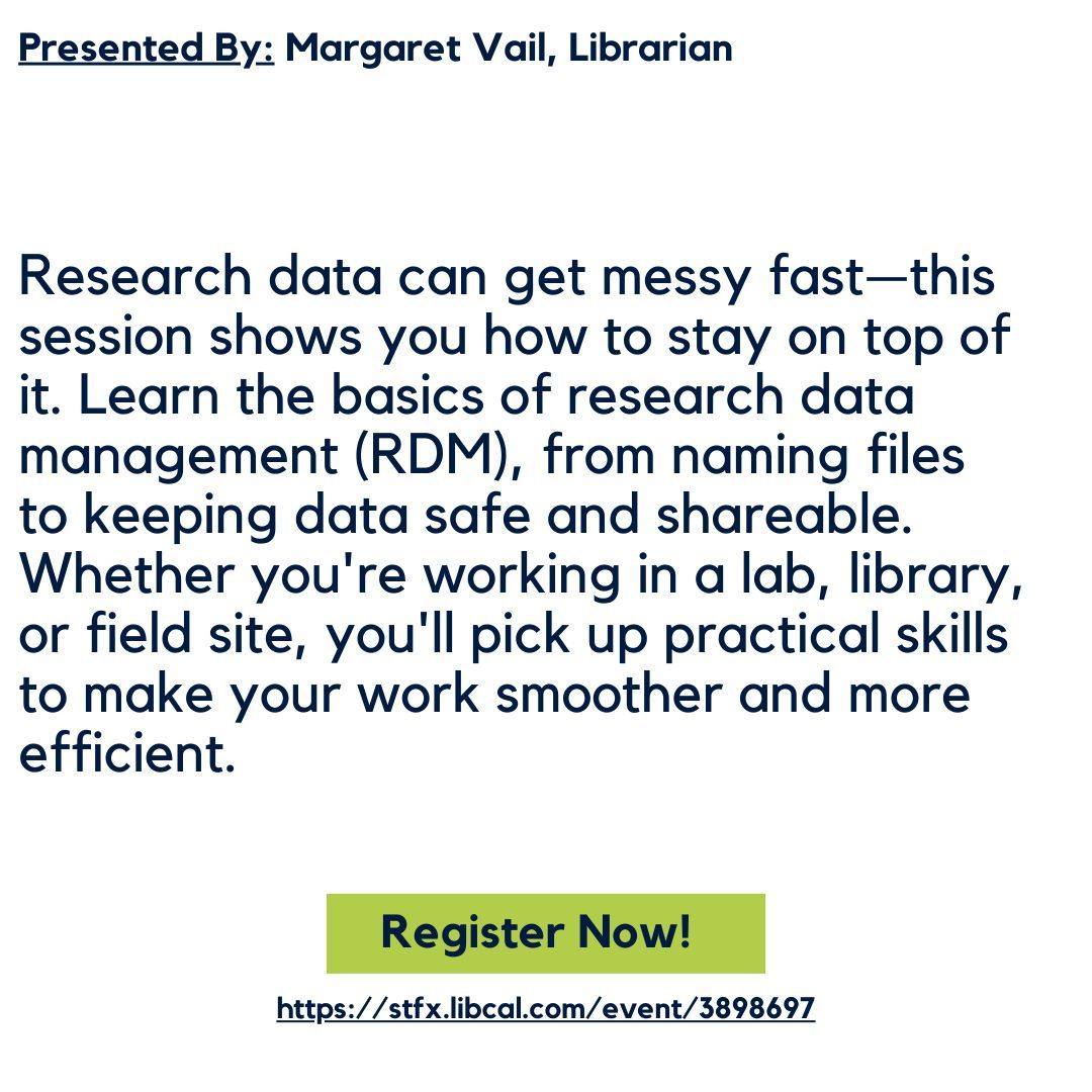 Are you looking to expand your research knowledge?

Register now for the Research Skills Boot Camp session "Data Survival Skills: Research Data Management (RDM) for Student Research Assistants" on May 14, 10am-11:00am!

Register now at stfx.libcal.com/event/3898697 

#StFX