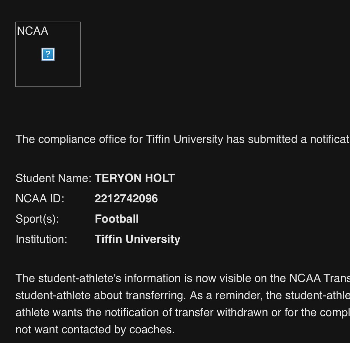 Tee Holt (@teryonholt) on Twitter photo I am officially entering the transfer portal with 4 years of eligibility left. #AGTG 🙏🏽
6’2 183lbs CB,S,Ni
Contact Info-
Cell: (937)244-4742
Email: Wildxcat12@gmail.com
Coach Maurice Douglass
<a href="/moedouglass7_sr/">Maurice Douglass Sr</a>
Cell: (937)241-8919 I am officially entering the transfer portal with 4 years of eligibility left. #AGTG 🙏🏽
6’2 183lbs CB,S,Ni
Contact Info-
Cell: (937)244-4742
Email: Wildxcat12@gmail.com
Coach Maurice Douglass
<a href="/moedouglass7_sr/">Maurice Douglass Sr</a>
Cell: (937)241-8919