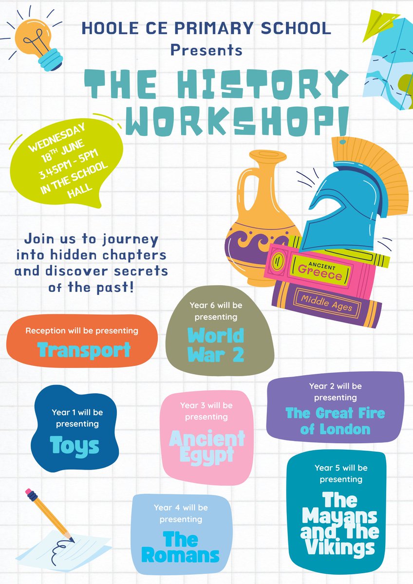 All parents and carers are invited to join us on a journey of discovery into secrets of the past with a History Workshop!

The workshop will be held in the School Hall on Wednesday 18th June from 3.45pm. 

Drop in and join the fun!