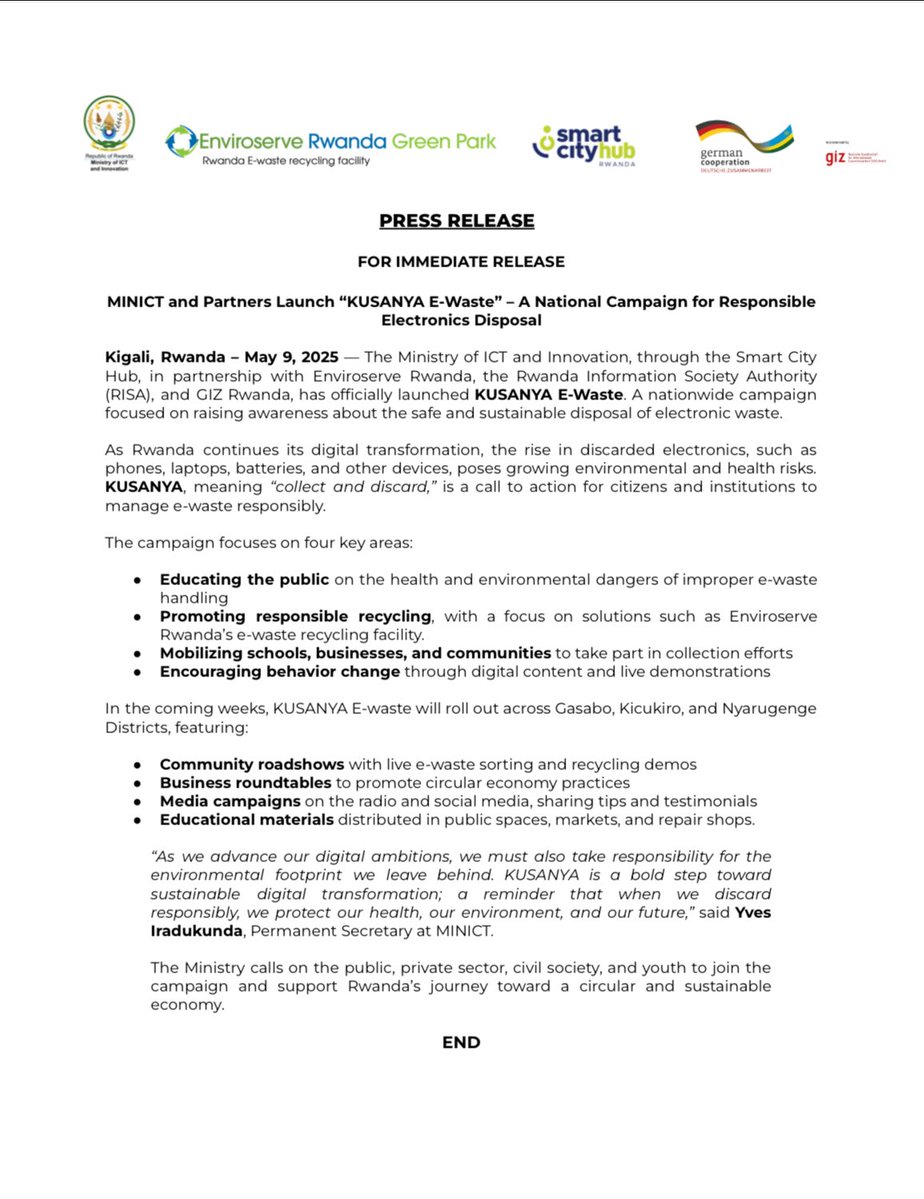 Ministry of ICT and Innovation | Rwanda (@rwandaict) on Twitter photo ♻️ Introducing KUSANYA E-Waste — a national campaign for responsible electronics disposal!
In partnership with <a href="/EnviroserveRw/">Enviroserve Rwanda</a>, <a href="/RISARwanda/">Rwanda Information Society Authority</a> , <a href="/smartcityhubrw/">Smart City Hub Rwanda</a> and GIZ Rwanda, <a href="/RwandaICT/">Ministry of ICT and Innovation | Rwanda</a> is mobilizing citizens, schools & businesses to recycle phones, laptops, batteries & more — the ♻️ Introducing KUSANYA E-Waste — a national campaign for responsible electronics disposal!
In partnership with <a href="/EnviroserveRw/">Enviroserve Rwanda</a>, <a href="/RISARwanda/">Rwanda Information Society Authority</a> , <a href="/smartcityhubrw/">Smart City Hub Rwanda</a> and GIZ Rwanda, <a href="/RwandaICT/">Ministry of ICT and Innovation | Rwanda</a> is mobilizing citizens, schools & businesses to recycle phones, laptops, batteries & more — the