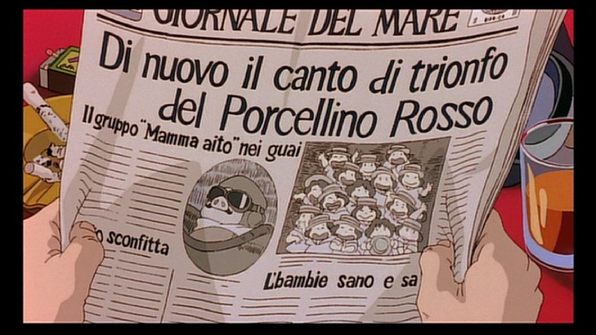 紅の豚の新聞記事 空賊連合のボスAが読んでいる新聞の見出しは、『ポルチェリーノ
