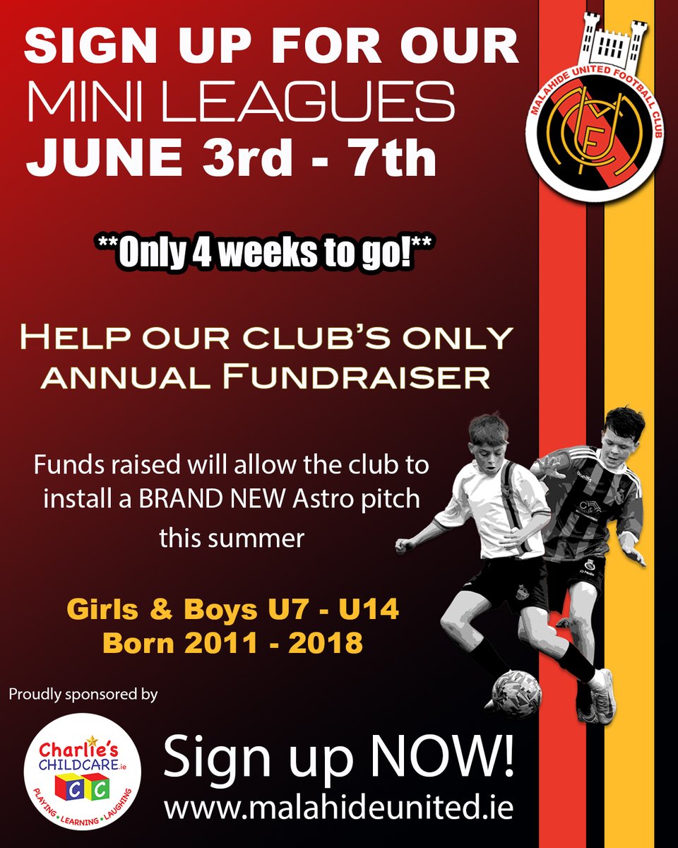 ⚽️️ Mini Leagues 2025 ⚽️️

❗️❗️Less than 4 weeks away ❗️❗️

Our annual fundraising event will allow us to install a BRAND NEW astro pitch this Summer

📍Gannon Park

🗓️ June 3rd-7th

Open to boys and girls u7-14 (2018-2011)

Sign up now online - malahideunited.ie/mini-leagues/