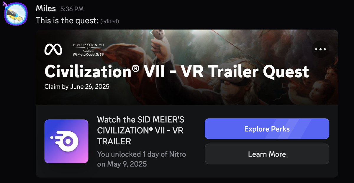 Now you can get 1 free day of "Nitro" by going to the quests tab and completing this quest here!! 🔥:

discord.com/quests/1366884…