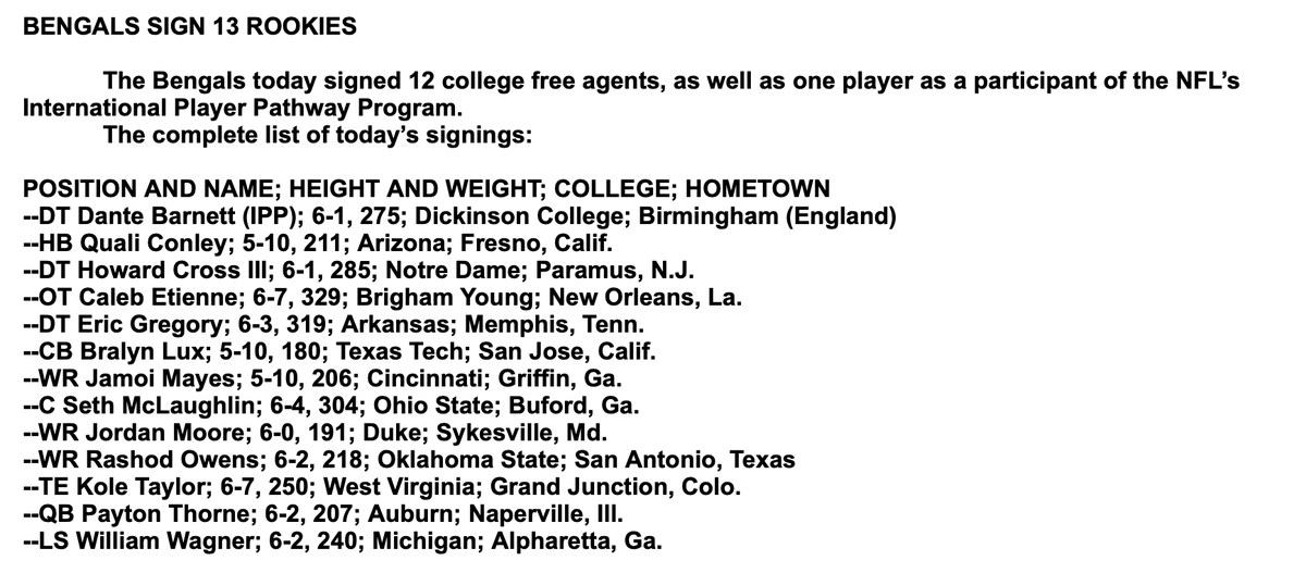Bengals sign 13 rookie free agents, including one international player, to complement the six draft picks, of which four are signed. Only first rounder Shemar Stewart and second-rounder Demetrius Knight Jr. are not signed.