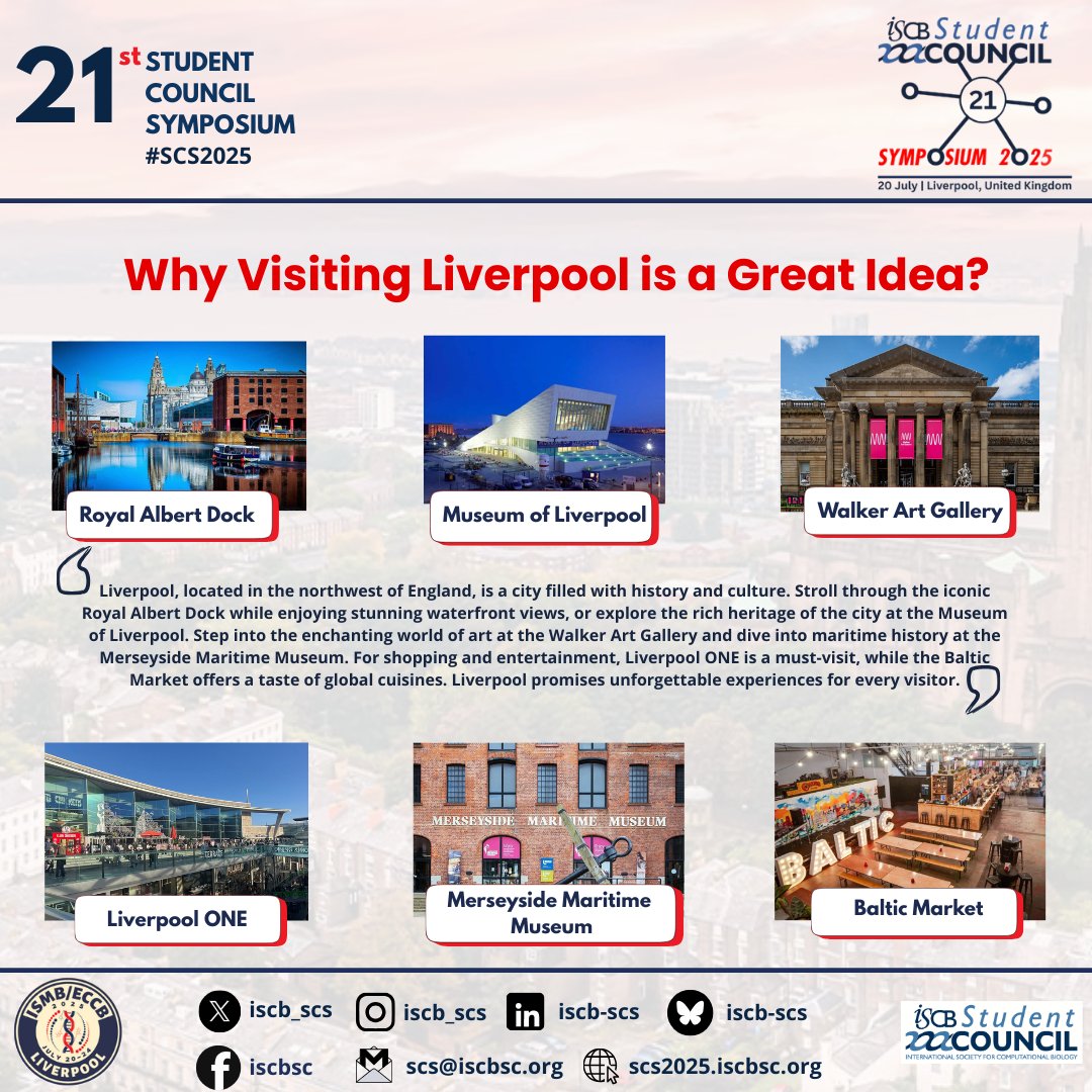 SCS2025 (@iscb_scs) on Twitter photo 🚀 #SCS2025 lands in #Liverpool on July 20!
⌛️ Submit your late-breaking poster by May 15 ➡️ easychair.org/cfp/ismbeccb20…
🌆 Another reason to join? Discover the rich culture, history, and vibrant city life Liverpool has to offer!
#bioinformatics #conference #AI <a href="/iscb/">ISCB News</a> <a href="/iscbsc/">ISCB Student Council</a> 🚀 #SCS2025 lands in #Liverpool on July 20!
⌛️ Submit your late-breaking poster by May 15 ➡️ easychair.org/cfp/ismbeccb20…
🌆 Another reason to join? Discover the rich culture, history, and vibrant city life Liverpool has to offer!
#bioinformatics #conference #AI <a href="/iscb/">ISCB News</a> <a href="/iscbsc/">ISCB Student Council</a>