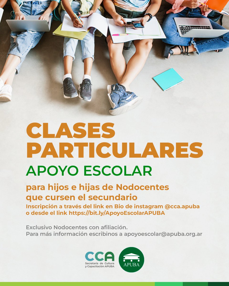 APUBA's tweet image. 𝗜𝗻𝗶𝗰𝗶𝗮𝗻 𝗹𝗮𝘀 𝗖𝗟𝗔𝗦𝗘𝗦 𝗣𝗔𝗥𝗧𝗜𝗖𝗨𝗟𝗔𝗥𝗘𝗦 📚 para hijos e hijas de Nodocentes, que cursen sus estudios secundarios. 🧑‍🏫👩‍🏫

Desde APUBA, queremos dar apoyo escolar y acompañar a las familias en este tramo formativo.