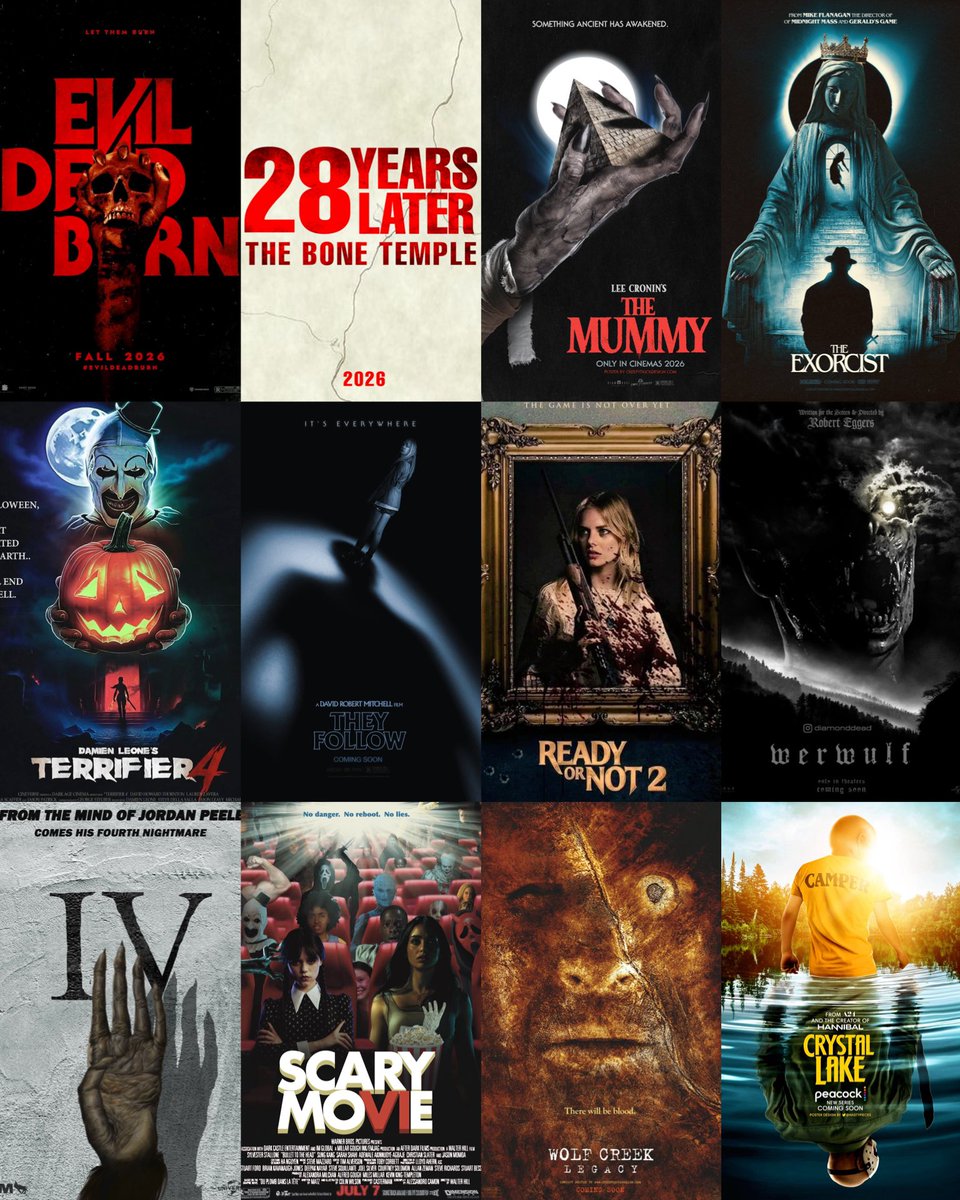 socialxpose's tweet photo. 2026 is gonna be an all time year for Horror 🤯💥
#EvilDeadBurn #28YearsLater #TheMummy #TheExorcist #TERRIFIER #TheyFollow #ReadyorNot2 #Werwulf #Four #ScaryMovie #WolfGreekLegacy #CrystalLakes https://t.co/IoeFeQw9OX