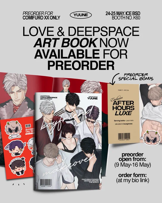 BOOK PREORDER FOR #CFXX IS NOW AVAILABLE 🫵

‼️ PICK-UP ONLY preorder at COMIFURO. Book will be sold at the event too, but without Flyer Poster bonus (same price)

⭐️ Booth K60
📆 PO CLOSE 16 MAY

🔗 : https://t.co/pVKUZMWCMJ

#LoveandDeepspace #ComifuroXX #ComifuroXXcatalogue 