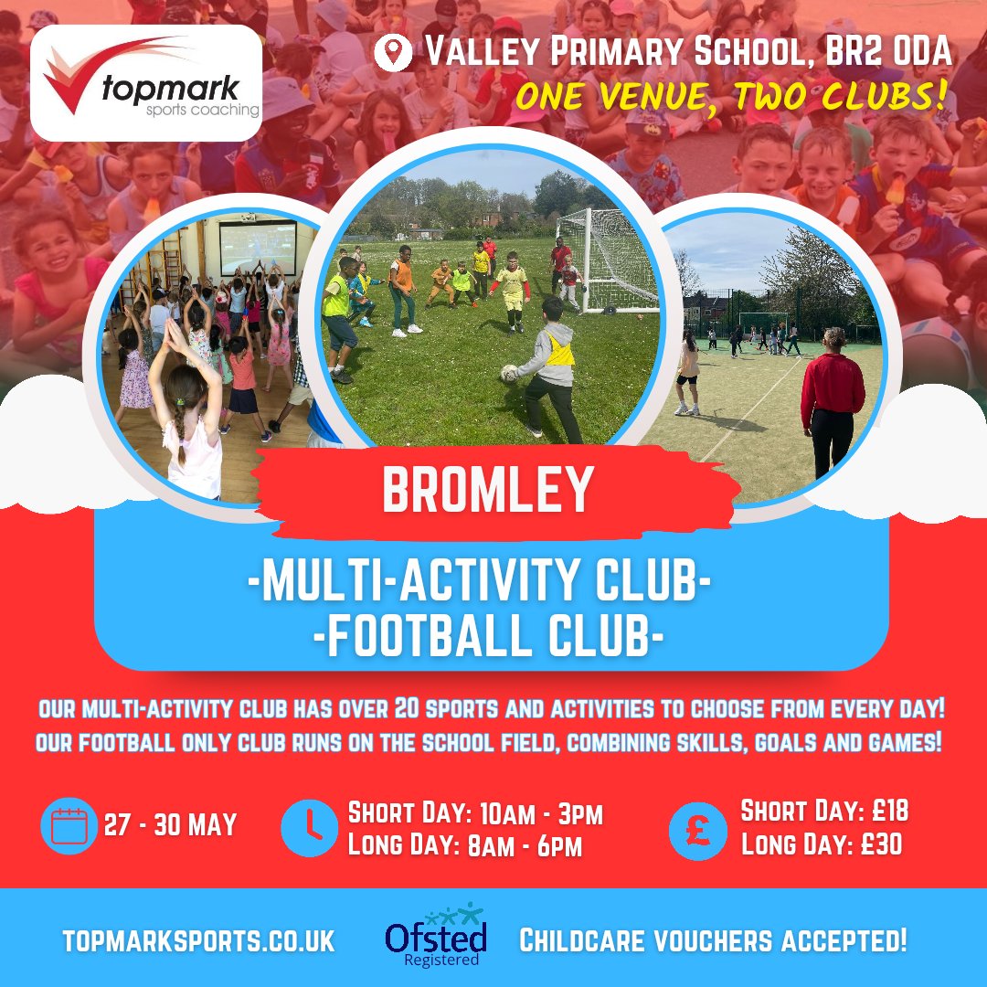 TopmarkSports's tweet image. One venue, two clubs! 

🌟Multi-Activity Club! 
⚽️Football Club! 

📍Valley Primary School, Bromley. 
🗓 27-30 May
🎫 £18 short day. £30 long day.

Book today! topmarksports.co.uk  

#TOPMARK