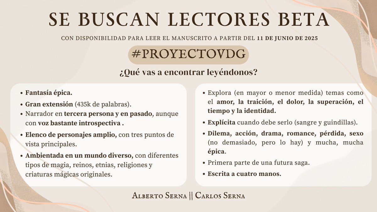 AkoSerna's tweet image. ✨SE BUSCAN LECTORES BETA✨
Estamos en fase de revisión. Ahora necesitamos lectores (si son de fantasía, mejor) que estén dispuestos a leernos y a darnos sus opiniones más críticas.
Se agradece que compartáis esto para que llegue al mayor número posible de personas.
¡Gracias!