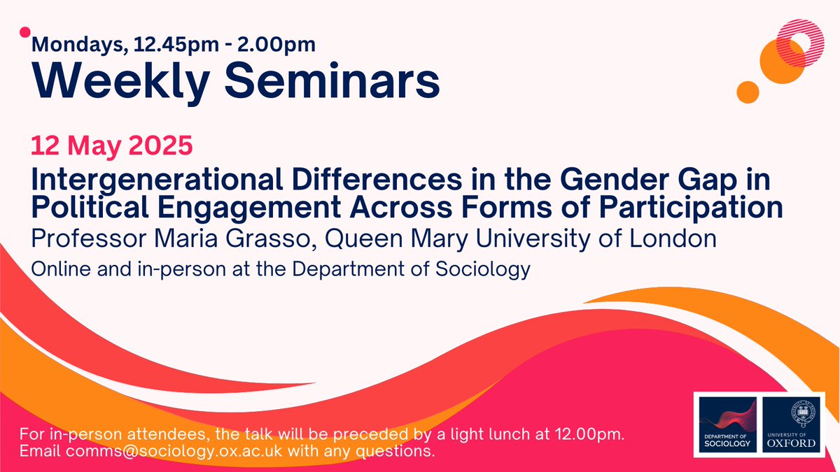 🌟 Join us on Monday at 12:45pm for a talk by Prof Maria Grasso, exploring how gender gaps in political engagement vary across generations and forms of participation.

📍 Online &amp; in person

Find out more ➡️  sociology.ox.ac.uk/event/intergen…