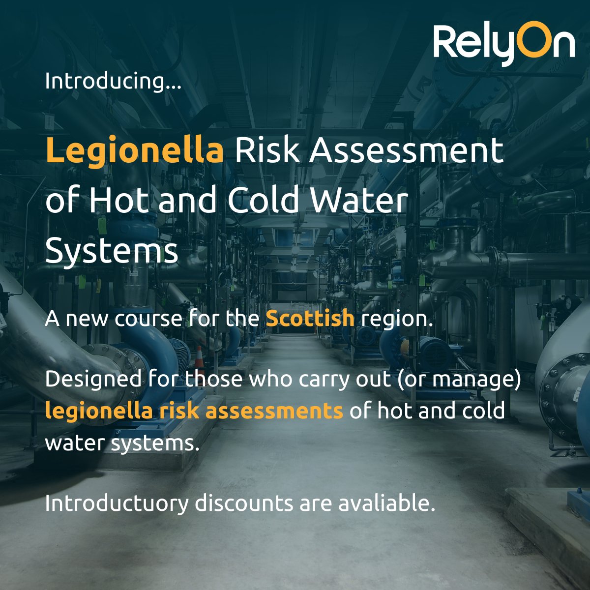 Welcoming Legionella Risk Assessment of Hot &amp; Cold Water Systems to Scotland

This course is designed for those who carry out (or manage) legionella risk assessments of hot &amp; cold water systems

Book Scottish dates at an introductory rate 👇
0800 876 6708
 enquiries.uk@relyon.com