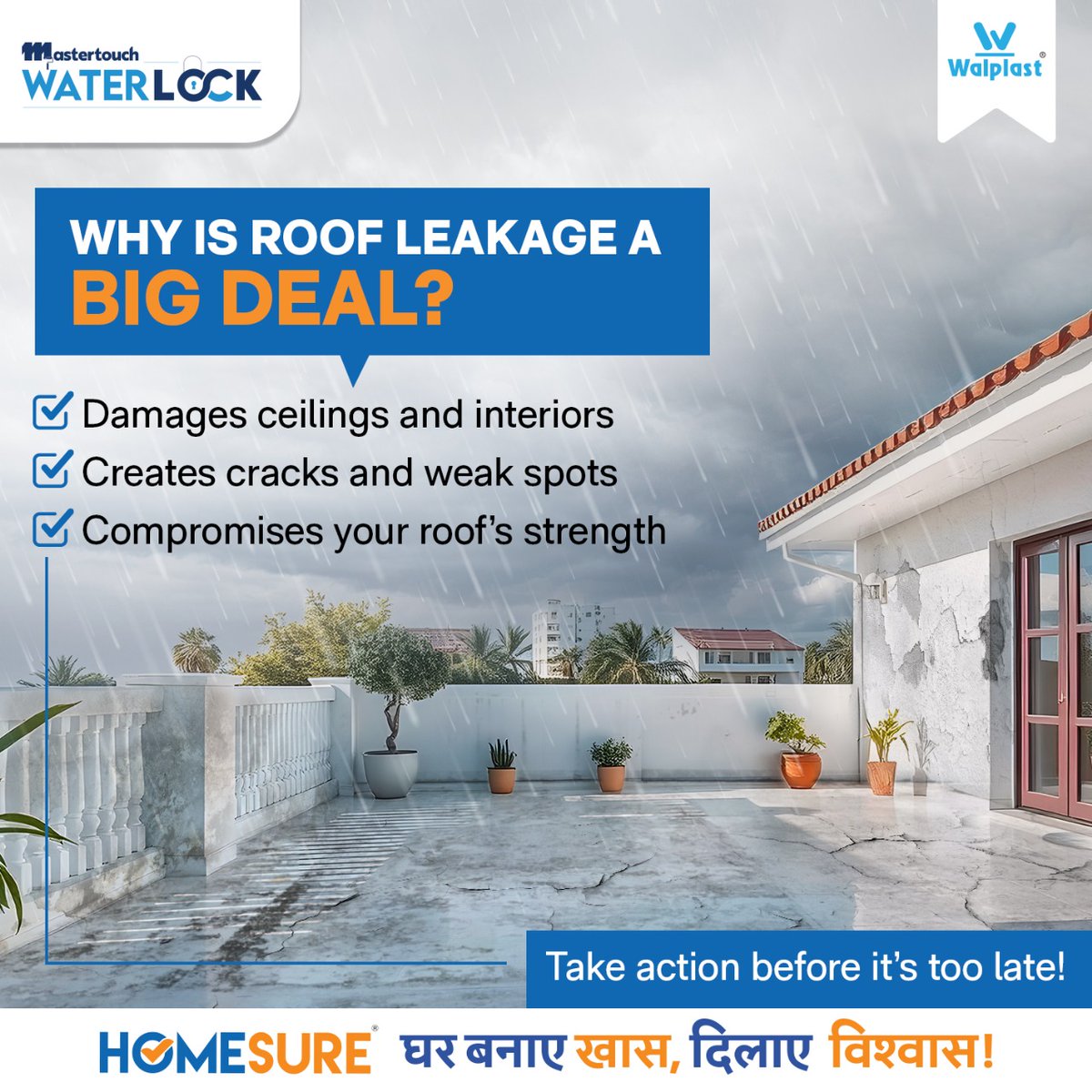 Walplast's tweet photo. Don’t let the monsoon crack your peace of mind!
Protect your roof &amp; terrace with #MastertouchWaterlock by #Homesure—the ultimate shield against moisture, leaks, &amp; weather damage.

Visit: https://t.co/Zk7OlLPGxL

#Waterlock #WaterResistant #WalplastProducts #ProtectWithWaterLock https://t.co/cKV1VydbDh