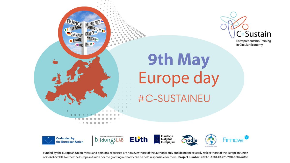 🌍#EuropeDay with #CSustain!
We believe this day is more than a commemoration - it's a call to action. Proud to be part of this journey by empowering young entrepreneurs to drive sustainable innovation across Europe!
💬Join us👉c-sustain.eu #SustainableFuture #EUYouth