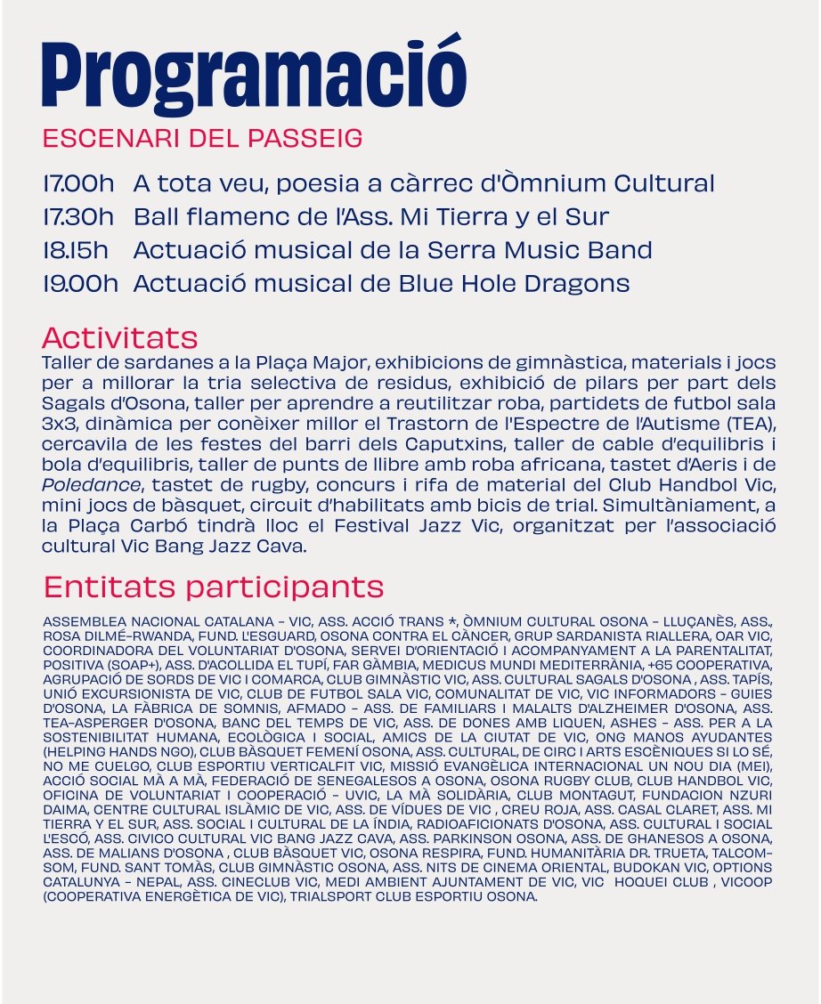 Si la pluja ens ho permet, demà dissabte serem a la Rambla del Passeig de Vic en el marc de la 21a Mostra d'Entitats de Vic. T'hi esperem!