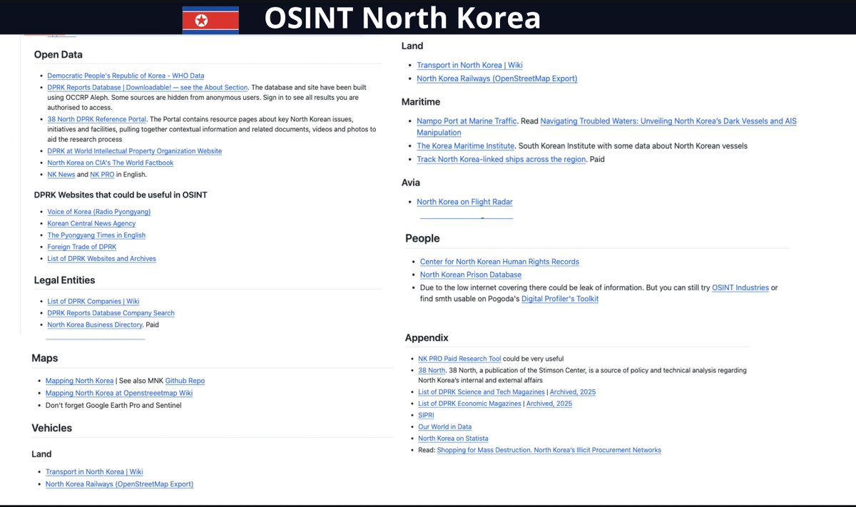Cyber Detective💙💛 (@cyb_detective) on Twitter photo OSINT North Korea 🇰🇵
- Open Data portals
- Legal Entities
- Cadastral and other Maps
- People, phones, social etc.
github.com/paulpogoda/OSI…
Contributor <a href="/paulpogoda/">pavel bannikov</a>
#osint OSINT North Korea 🇰🇵
- Open Data portals
- Legal Entities
- Cadastral and other Maps
- People, phones, social etc.
github.com/paulpogoda/OSI…
Contributor <a href="/paulpogoda/">pavel bannikov</a>
#osint