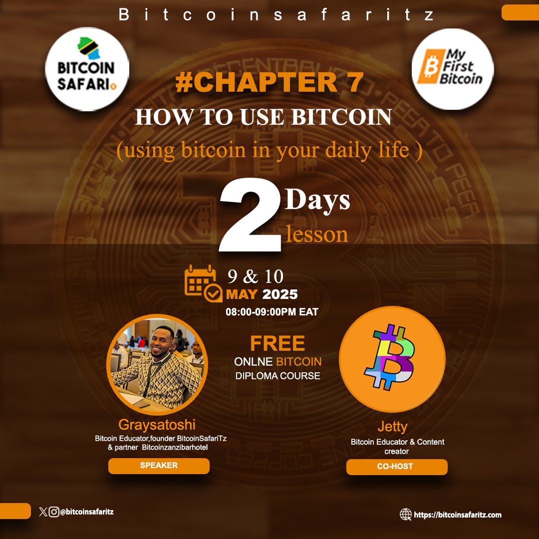 BitcoinSafariTzEducation (@bitcoinsafaritz) on Twitter photo Hello 👋 Bitcoiners!
Today we begin Chapter 7 Part I – How to Use Bitcoin. The session will be led by <a href="/getraud/">💊JET.Bitcrazy🏴☠️🐜⚡️</a> (Bitcoin Educator & Bitcrazy YT Creator) and co-hosted by <a href="/Graysatoshi/">Graysatoshi ⚡️💥</a>. Let’s keep learning and growing together! ⚡📚 Hello 👋 Bitcoiners!
Today we begin Chapter 7 Part I – How to Use Bitcoin. The session will be led by <a href="/getraud/">💊JET.Bitcrazy🏴☠️🐜⚡️</a> (Bitcoin Educator & Bitcrazy YT Creator) and co-hosted by <a href="/Graysatoshi/">Graysatoshi ⚡️💥</a>. Let’s keep learning and growing together! ⚡📚