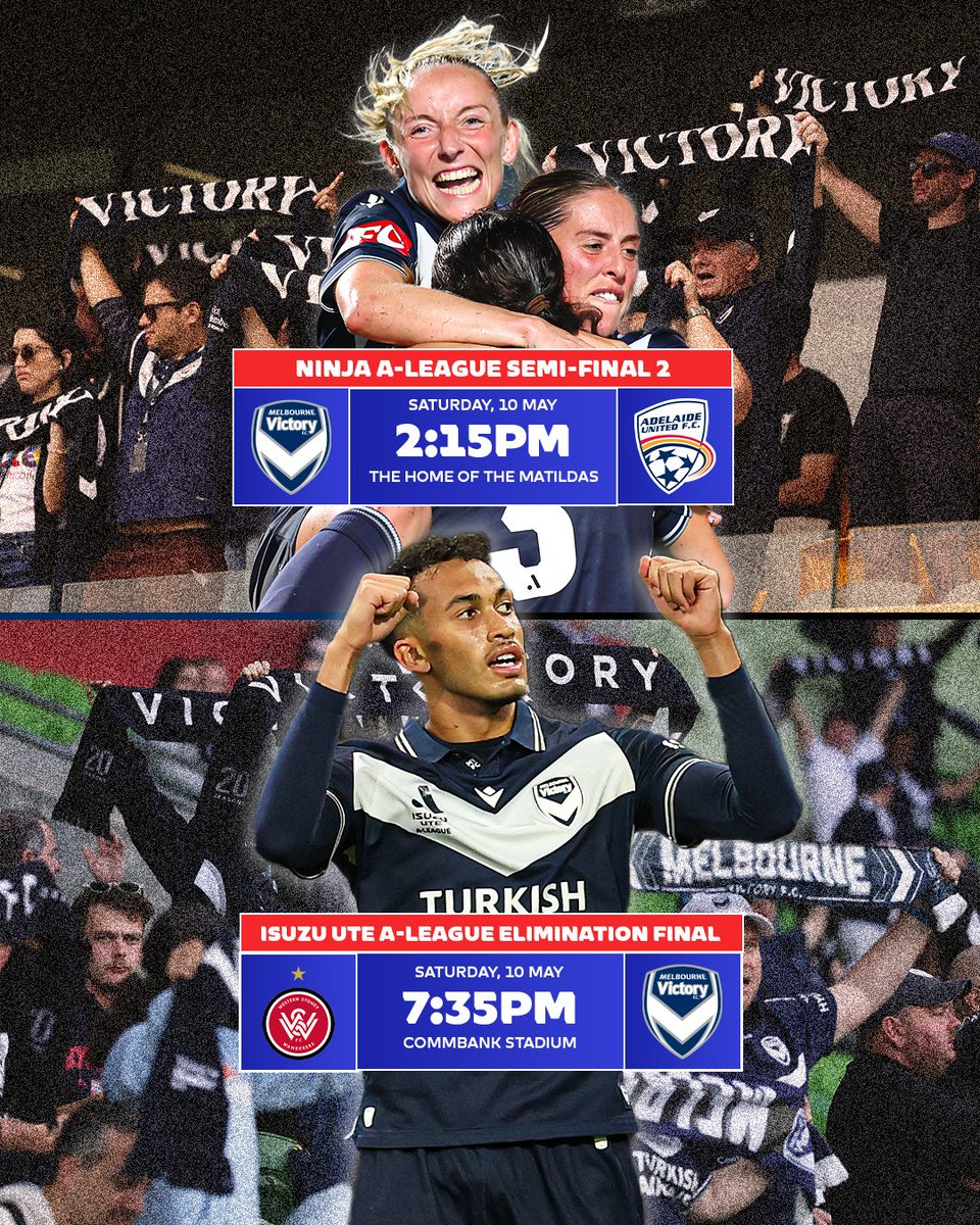 Isuzu UTE A-League (@aleaguemen) on Twitter photo ATTN <a href="/gomvfc/">Melbourne Victory</a> supporters ๐ฏ Two MASSIVE finals games are coming right up!
The Ninja A-League side will look to book a spot in the Grand Final, before the men put it all on the line in an Elimination Final ๐ตโซ๏ธ
Get your tickets NOW ๐๏ธ tinyurl.com/5bm3zsrw ATTN <a href="/gomvfc/">Melbourne Victory</a> supporters ๐ฏ Two MASSIVE finals games are coming right up!
The Ninja A-League side will look to book a spot in the Grand Final, before the men put it all on the line in an Elimination Final ๐ตโซ๏ธ
Get your tickets NOW ๐๏ธ tinyurl.com/5bm3zsrw