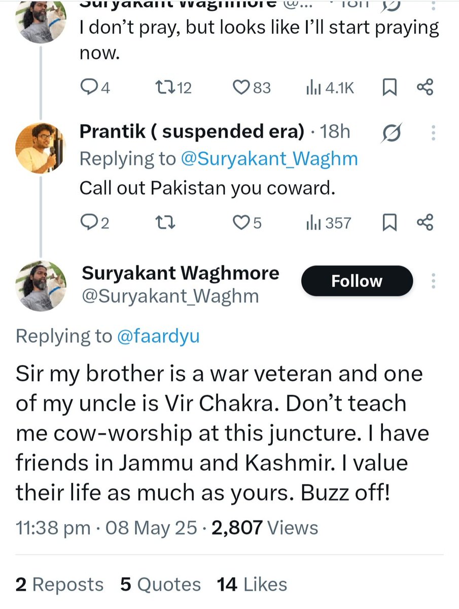 His family members were in army but he mocks Hindus by throwing a "Cow-worhip" jibe, only because someone just asked him to speak against Pakistan??

Do they forget?
-Most ppl fighting in Army, currently saving this country, worship cows!

&amp; This person is a professor in IIT?
