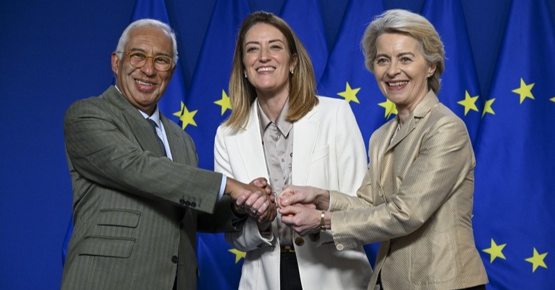 EUCouncilPress's tweet photo. Joint statement by @EP_President, @eucopresident and @vonderleyen on the 75th anniversary of the Schuman Declaration ↓