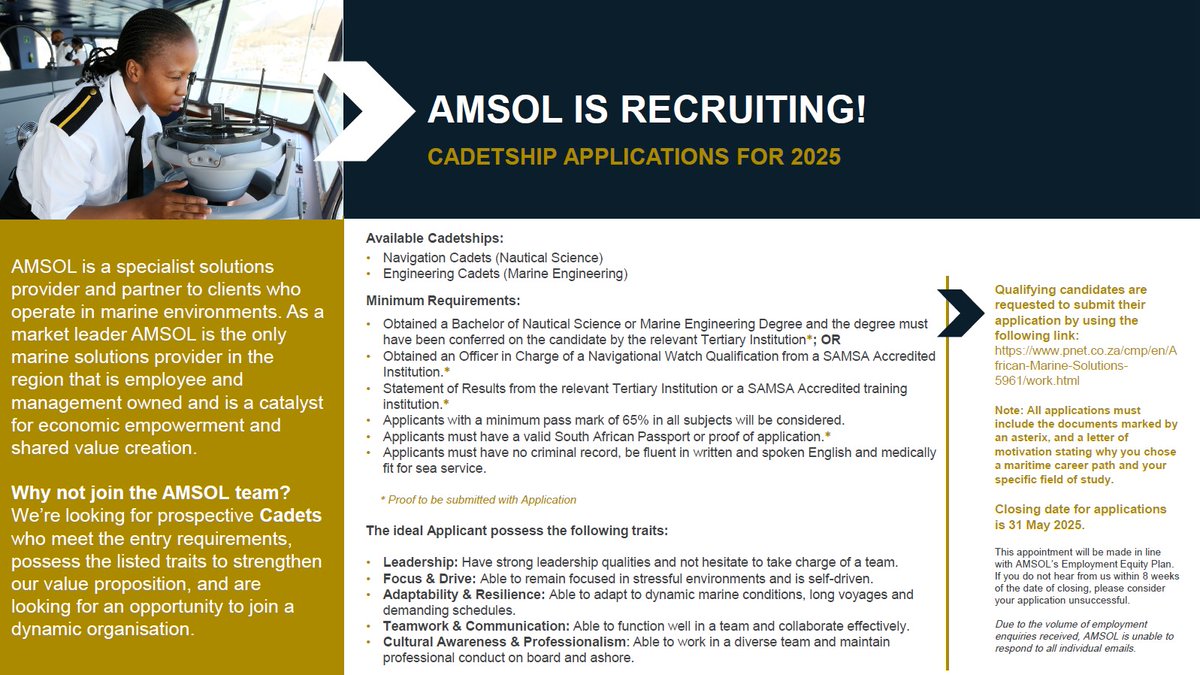 Applications are now open for the AMSOL Cadetship programme – don’t miss your chance to join our dynamic company! To apply click on the following link pnet.co.za/cmp/en/African…
