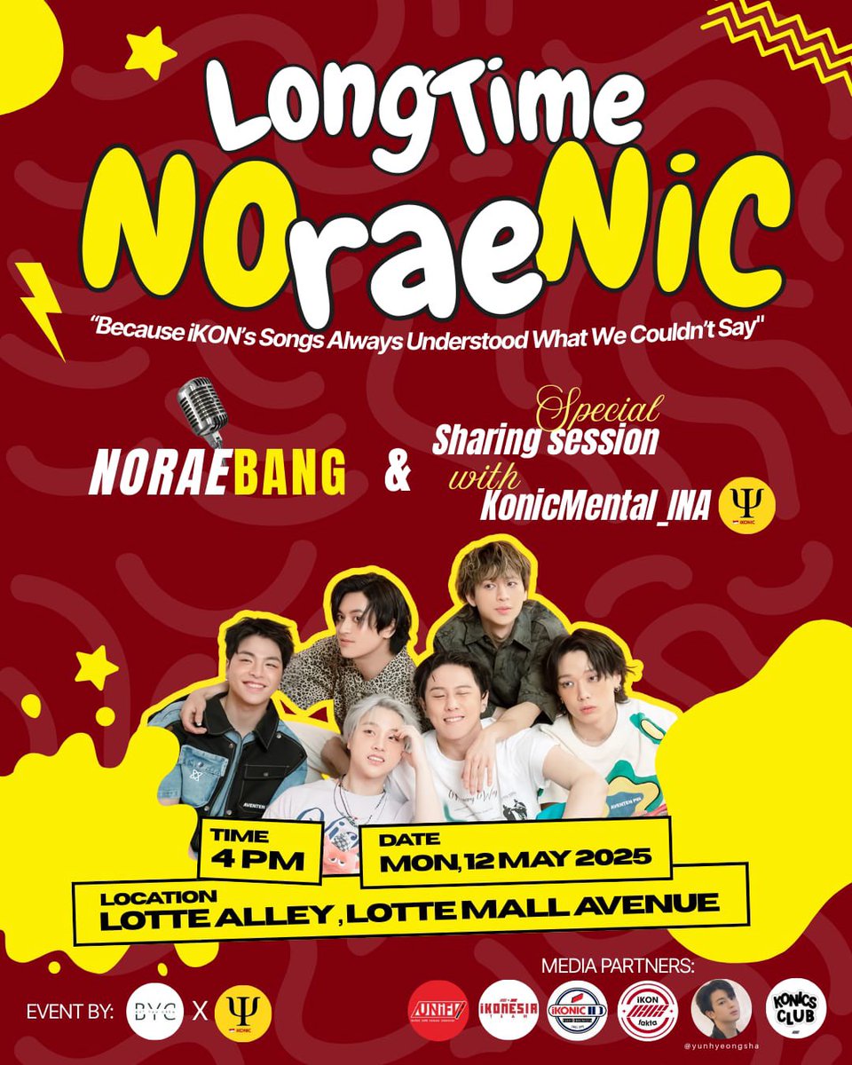 BYC Indonesia (@butyoucrew) on Twitter photo Kangen iKON ?
Long Time NOraeNic is the place to be!
Let’s sing like Bling Bling, heal like I’m OK and join a special mental health session with <a href="/KonicMental_INA/">iKONIC MENTAL SQUAD - INA</a>
12 Mei 2025 | 4 PM
Lotte Alley, Lotte Mall Avenue, Jakarta
See you there, iKONIC!
#LongTimeNoraenic #iKON #iKONIC Kangen iKON ?
Long Time NOraeNic is the place to be!
Let’s sing like Bling Bling, heal like I’m OK and join a special mental health session with <a href="/KonicMental_INA/">iKONIC MENTAL SQUAD - INA</a>
12 Mei 2025 | 4 PM
Lotte Alley, Lotte Mall Avenue, Jakarta
See you there, iKONIC!
#LongTimeNoraenic #iKON #iKONIC