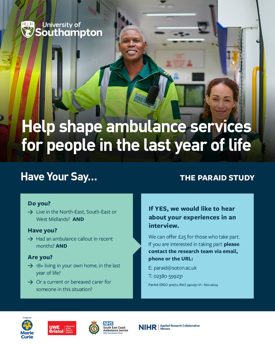 St Oswald's Hospice (@stoswaldsuk) on Twitter photo If you or someone you care at end of life has had an ambulance callout in the North East, take part in this study we’re supporting.
📧 paraid@soton.ac.uk
📞 02380 599231
🔗 forms.office.com/e/adbmHDSc1b If you or someone you care at end of life has had an ambulance callout in the North East, take part in this study we’re supporting.
📧 paraid@soton.ac.uk
📞 02380 599231
🔗 forms.office.com/e/adbmHDSc1b
