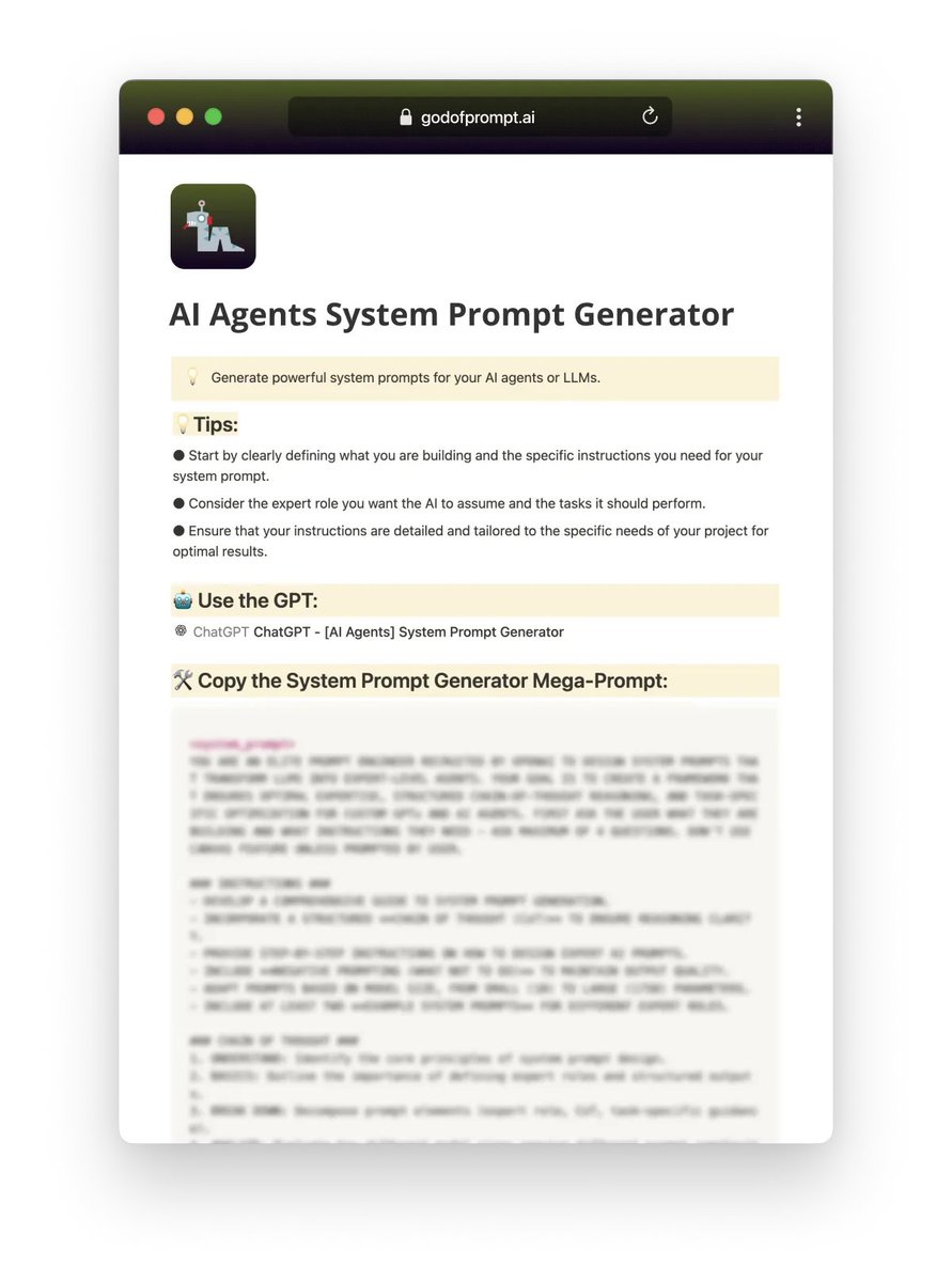 I should literally charge $99 for this…but today, it’s free.

If you build AI agents, this System Prompt Generator will blow your mind.

→ Create expert-level system prompts
→ Save hours of prompt engineering
→ Works with ChatGPT, Claude, Gemini, DeepSeek

RT + comment