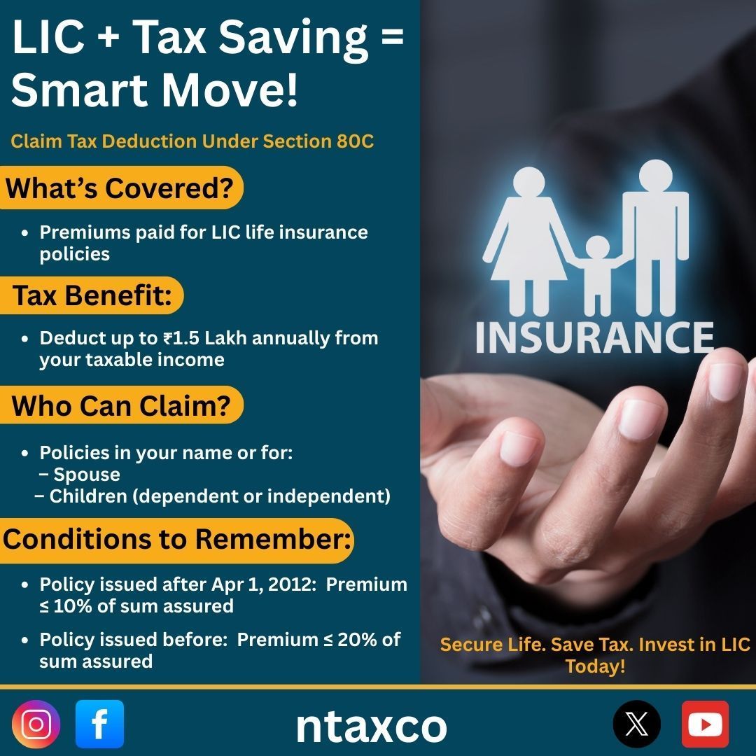 NtaxCo's tweet image. LIC = 💼 Life Cover + 💸 Tax Saving
✔️ Deduct ₹1.5L under 80C
✔️ Cover for self, spouse &amp;amp; kids
⏳ Ensure premiums follow % rules 

#LICPolicy #TaxSavingTips #Section80C #SmartFinance #LifeInsurance #Ntaxco #FinancialWellness #TaxPlanning #SecureYourFuture #SaveTaxEarnMore