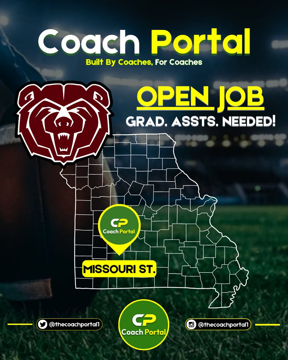 Coach Portal (@thecoachportal1) on Twitter photo Missouri State (FBS) is looking for two Graduate Assistant Coaches. One will work with DB's and the other with Special Teams. Both will assist in breakdowns, game plans, recruiting, etc. Must have a 3.0 GPA.
If interested, email resume & references to missouristatefb@gmail.com. Missouri State (FBS) is looking for two Graduate Assistant Coaches. One will work with DB's and the other with Special Teams. Both will assist in breakdowns, game plans, recruiting, etc. Must have a 3.0 GPA.
If interested, email resume & references to missouristatefb@gmail.com.