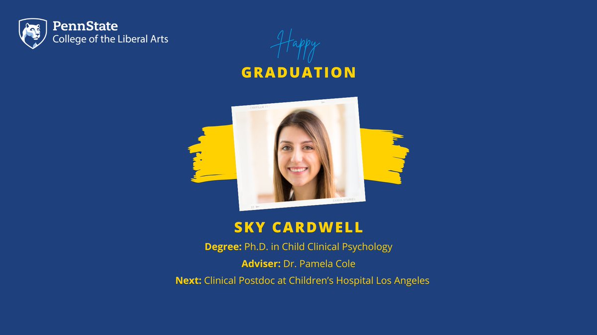Penn State Child Study Center (@pennstatecsc) on Twitter photo Congratulations to Sky Cardwell!! 🎉🎉
<a href="/PSUPsychology/">Penn State Psychology</a> #PennState #graduation #psychology Congratulations to Sky Cardwell!! 🎉🎉
<a href="/PSUPsychology/">Penn State Psychology</a> #PennState #graduation #psychology