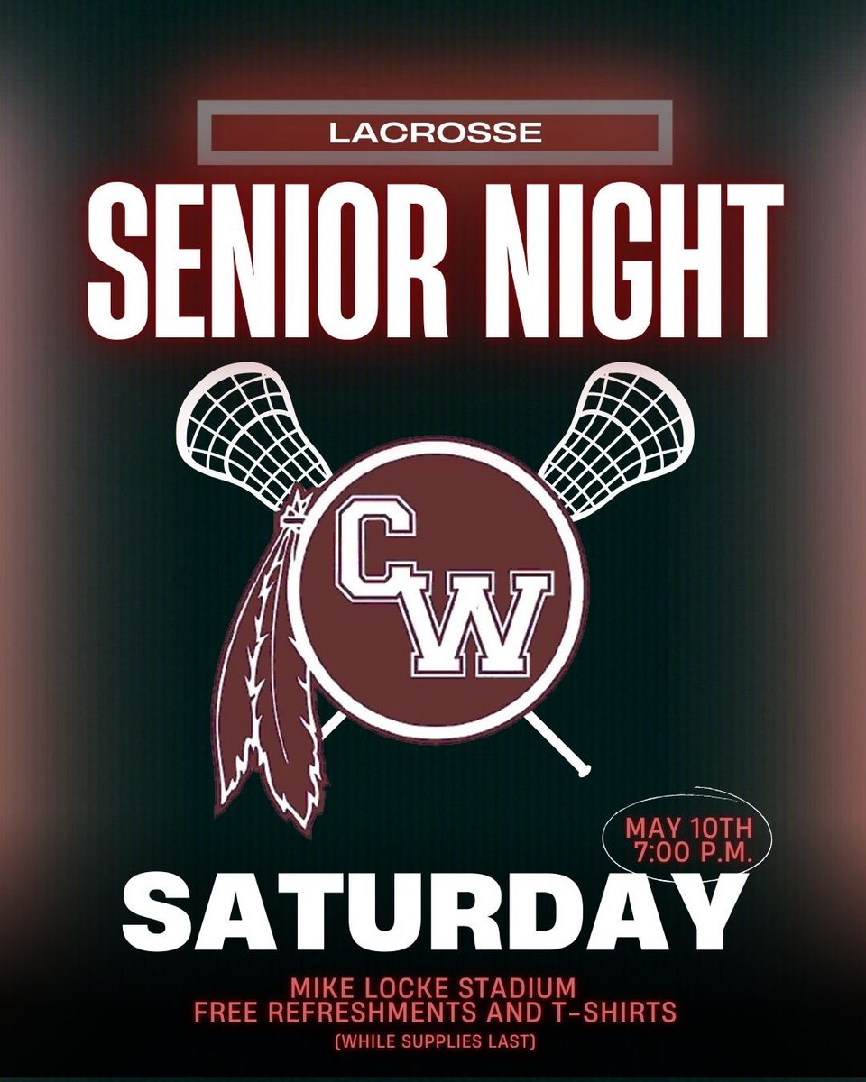 Canal Winchester Lacrosse (@indianslax) on Twitter photo 🚨🚨 SENIOR NIGHT 🚨🚨
Join us for a fun night celebrating our seniors with free refreshments, t-shirts, the senior ceremony and lacrosse game!
Saturday 5/10, 7PM
<a href="/cwmirror/">CWHS Journalism</a> <a href="/CWHS_Office/">Canal Winchester High School</a> <a href="/CWIndians/">CWHS Athletics</a> 🚨🚨 SENIOR NIGHT 🚨🚨
Join us for a fun night celebrating our seniors with free refreshments, t-shirts, the senior ceremony and lacrosse game!
Saturday 5/10, 7PM
<a href="/cwmirror/">CWHS Journalism</a> <a href="/CWHS_Office/">Canal Winchester High School</a> <a href="/CWIndians/">CWHS Athletics</a>