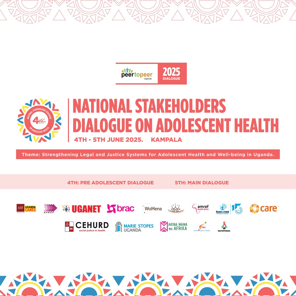 This June, we return stronger, louder, &amp; more committed to drive forward the adolescent health agenda in Uganda at the 4th National Stakeholders Dialogue on Adolescent Health 2025.

📍Venue Check✓
📅Dates Check✓
📌Theme Check✓

#AdolescentHealthUG #ADHDialogue2025 <a href="/PEERUganda/">Peer To Peer Uganda (PEERU)</a>