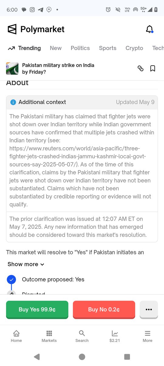 itxking569's tweet photo. @Polymarket as you can see nothing has happened that would make this prediction resolve to yes it should  resolve to no asap as no missiles from pakistan have landed on Indian soil they have been intercepted, polymarket team you have to intervene in this and resolve this as no. https://t.co/JWzZLtKrzB